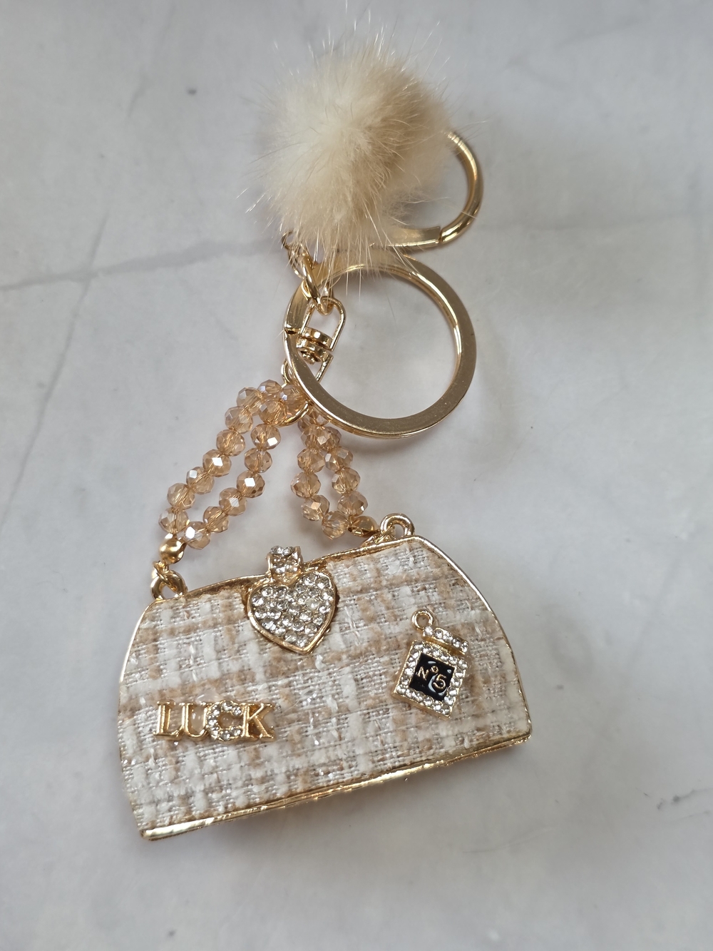 Chic Tweed Purse Bag Charm Keychain with Faux Fur Pom